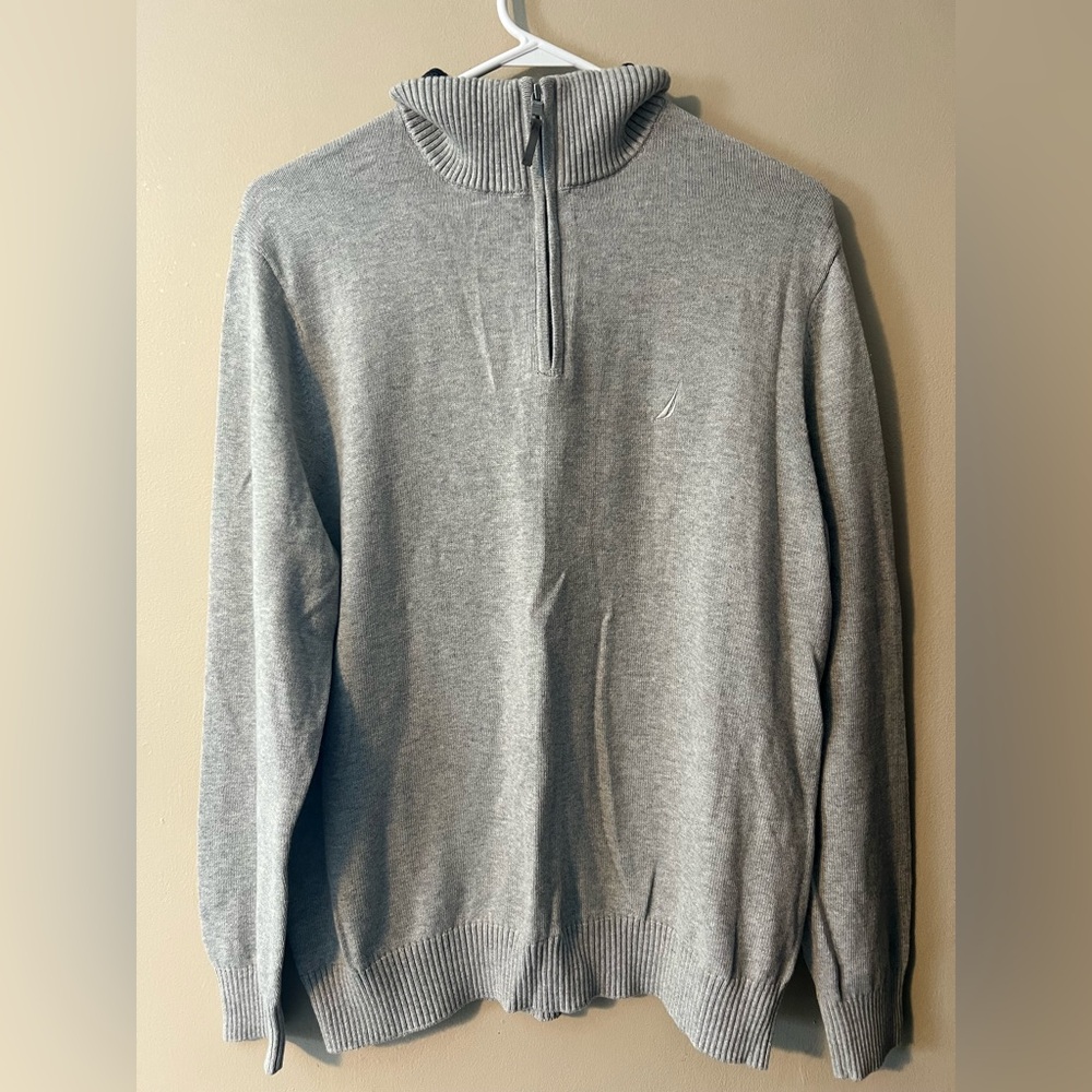 Nautica sz L NWT 💯 cotton mens gray quarter zip pullover with navy blue collar. - Picture 5 of 8